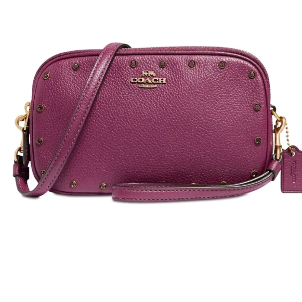 NWT Coach Cristal Border Rivets Dark Berry Crossbody / Clutch in Pebble …